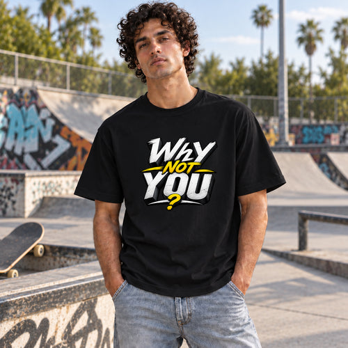 RD "Why Not You?" Comic Tee in Black - on model, close-up