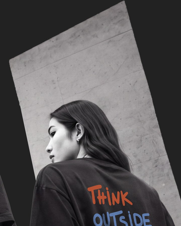Model in a hand-lettered creative print T-shirt