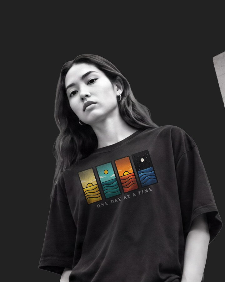 Model in a minimal print T-shirt