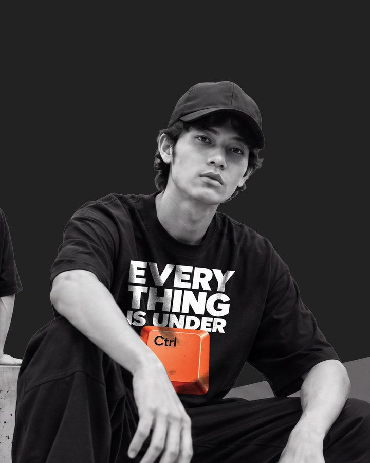 Model in a typographic quote T-shirt