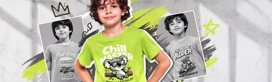 Three boys in Reaching Dreams tees: Road Racing, Chill Master and Extreme Rider